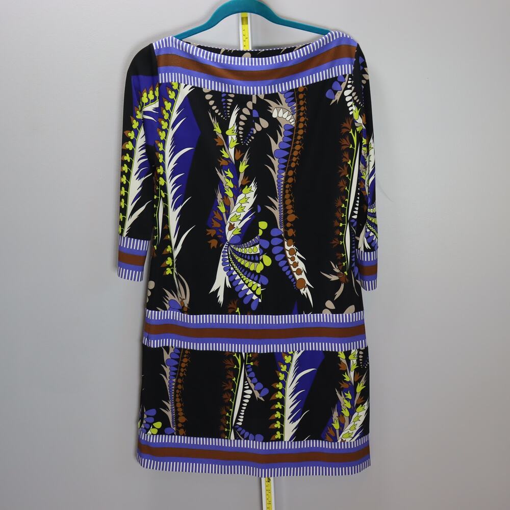 Ali Ro Printed Shift Dress Black Blue Green Size 8 Stretch‎ 3/4 Sleeve